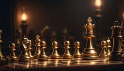  a close up of a chess board with a lot of gold and silver chess pieces on it and a candle in the middle of the board and a dark background. - obrazy, fototapety, plakaty