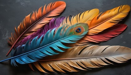  a group of colorful feathers sitting on top of a black table next to a piece of paper with a picture of a bird's eye on it's side.