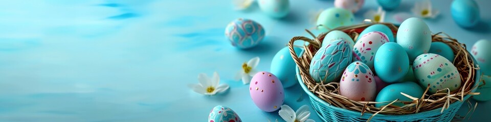 Fototapeta na wymiar easter eggs inside a plastic basket on a blue background