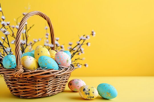 basket with easter eggs and flowers on yellow background
