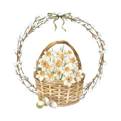 Watercolor Easter willow wreath with wicker basket, white daffodils and Easter eggs. Illustration hand drawn on isolated background for greeting cards, invitations, happy holidays, posters, decor.