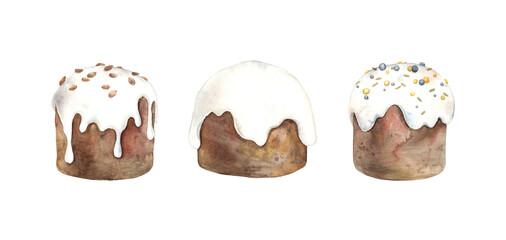 Watercolor set of various hand-painted Easter cakes. Sketch on isolated background for greeting cards, invitations, banners, posters, textiles, graphic design.