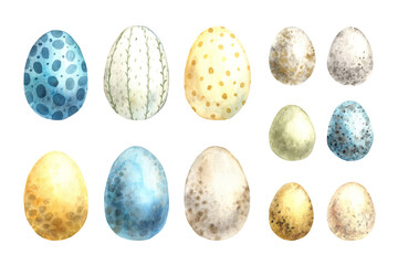 Watercolor set of different hand-painted Easter eggs. Sketch on isolated background for greeting cards, invitations, banners, posters, textiles, graphic design.