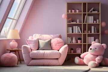 Creative composition of stylish and cozy child room or nursery with pink walls, a wooden floor, a sofa. A framed poster and toys.