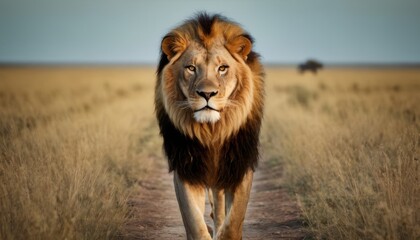  a lion walking down a dirt road in the middle of a dry grass field with another animal in the distance in the distance, with a blue sky in the background.