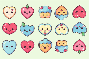 Love Heart Kawaii icon set vector, valentine's day kawaii outline icon set vector, valentine's day drawings kawaii, 