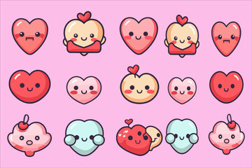 Love Heart Kawaii icon set vector, valentine's day kawaii outline icon set vector, valentine's day drawings kawaii, 