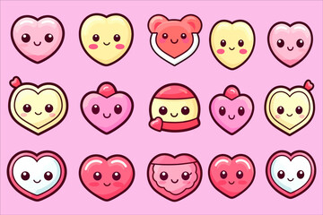 Love Heart Kawaii icon set vector, valentine's day kawaii outline icon set vector, valentine's day drawings kawaii, 
