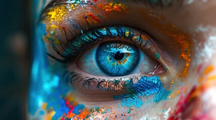 Vivid blue eye with colorful paint splashes on skin - obrazy, fototapety, plakaty