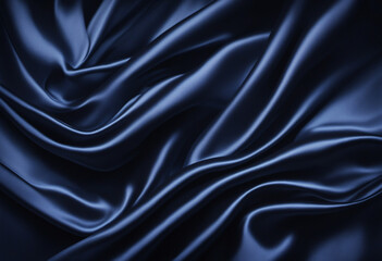 Obraz premium Black blue abstract background. Dark blue silk satin texture. Beautiful wavy soft folds on the surface of the fabric. Navy blue elegant background with copy space for your design. Web banner.