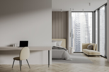 Naklejka na ściany i meble Cozy hotel bedroom interior with work and relax space, window. Mock up wall