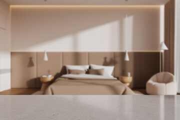Stone table on blurred background of bedroom with modern furniture. Mockup