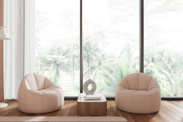 Panoramic living room interior with armchairs