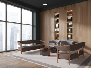 Wooden office chill space interior with couch and armchairs, window