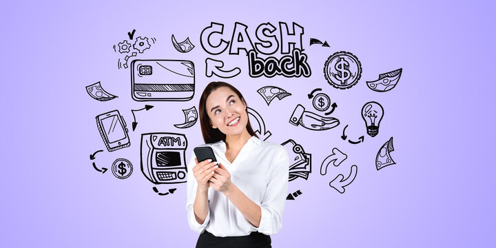 Woman with phone in hand smiling, cashback doodle with different icons