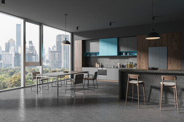 Grey home kitchen interior bar island and cooking corner, panoramic window