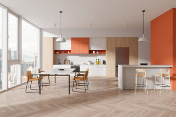 Stylish home kitchen interior bar counter and cooking space, panoramic window