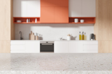 Fototapeta na wymiar Cozy stone countertop on background of kitchen interior with kitchenware. Mockup