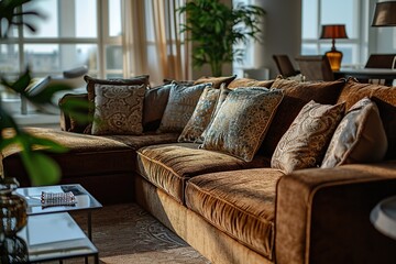 In the living room of a luxurious home is a brown corner sofa with pillows.