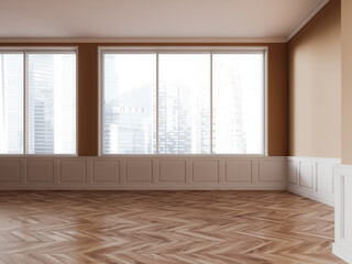 Beige home empty living room interior and panoramic window on skyscrapers