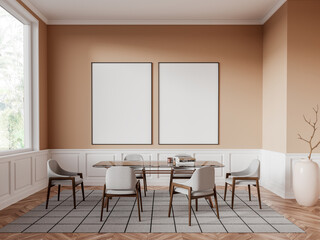 Modern eating interior with table and chairs, panoramic window. Mockup frames