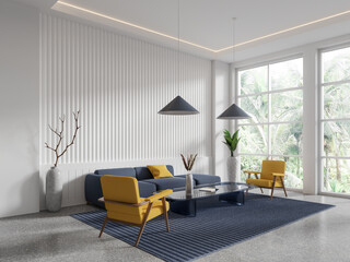 Stylish hotel living room interior with couch and armchairs, panoramic window
