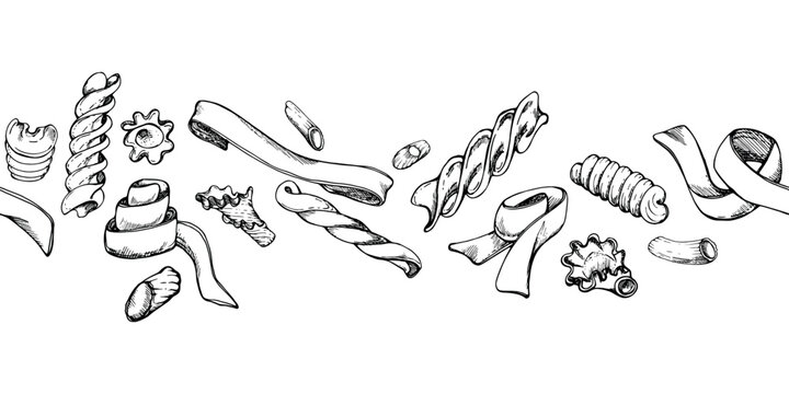 Hand drawn vector ink illustration. Pasta Italian fettuccine tagliatelle casarecce fusilli gemelli penne rigatoni. Seamless banner isolated on white. Restaurant, menu, food shop package, flyer, print.
