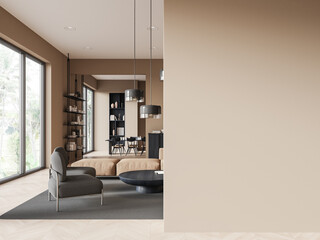 Hotel living room interior with sofa and dining table, window. Mock up wall