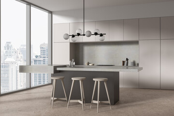 Corner view of home kitchen interior with bar counter and cabinet, window