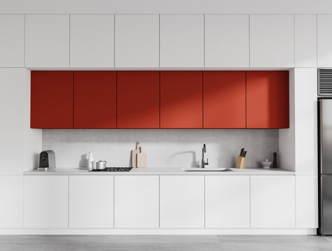 White and red home kitchen interior with cabinet and kitchenware, cooking space
