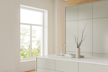 Corner view of hotel kitchen interior with bar counter and shelves, window
