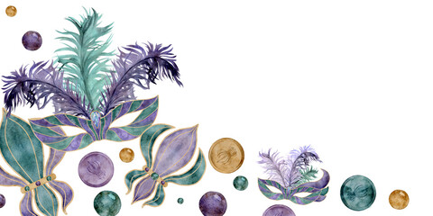 Hand drawn watercolor Mardi Gras carnival symbols. Theater masquerade circus mask feathers, Composition isolated on white background. Design for party invitation, print, shop © Elena