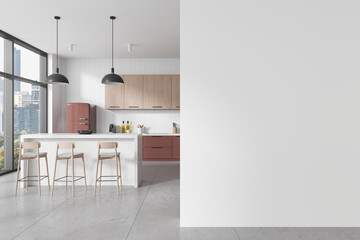 White and pink kitchen interior with island and blank wall
