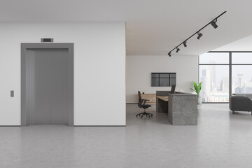 Stylish office reception interior desk, elevator and relax place near window - obrazy, fototapety, plakaty