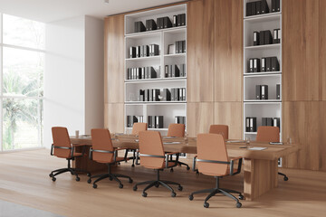 Office business room interior with meeting table and shelf, window