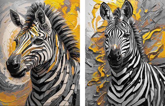 modern painting of golden zebra. The texture of the oriental style of gray and gold canvas with an abstract pattern. artist collection of animal painting for decoration and interior, canvas art.