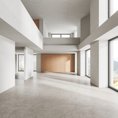 Two-storey empty office hall with panoramic window on countryside
