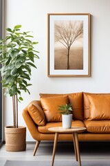 Minimalist Living Room Interior With Brown Leather Sofa and Tree Artwork