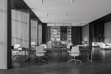 Dark business office room interior with coworking and meeting room, relax place