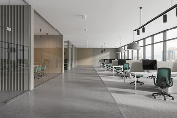 Stylish business interior with workplace and meeting room, panoramic window