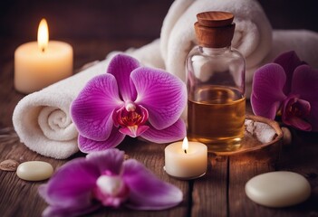 Fototapeta na wymiar Aromatherapy spa beauty treatment and wellness background with massage oil orchid flowers towels