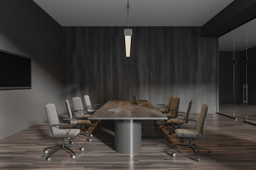 Stylish dark office business room interior with meeting board and tv display