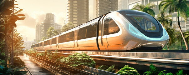The electric high-speed train passes through a green fantasy city with intriguing architecture and a monorail under pristine white clouds