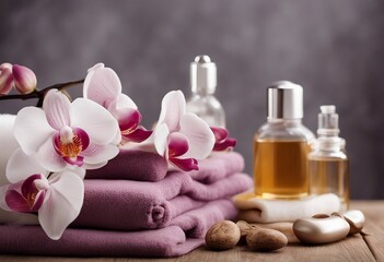 Fototapeta na wymiar Aromatherapy spa beauty treatment and wellness background with massage oil orchid flowers towels