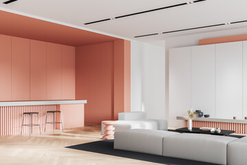 Modern studio flat interior with lounge and dining corner, decoration