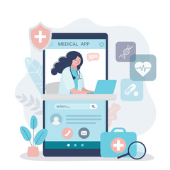 Medical app, smartphone screen with female therapist chatting in messenger and remote consultation. Ask your doctor. Online medical consultation, telemedicine.