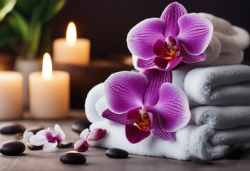 Fototapeta na wymiar Aromatherapy spa beauty treatment and wellness background with massage stone orchid flowers towels