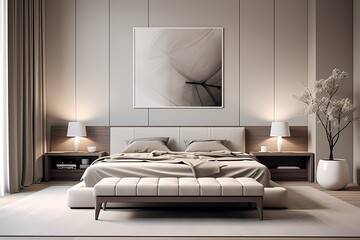 Tranquil modern classic minimalist bedroom with a platform bed, monochromatic color scheme, and minimalist furnishings