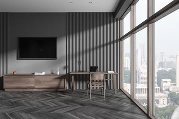 Rugzak Grey home interior with workspace, tv display and panoramic window © ImageFlow