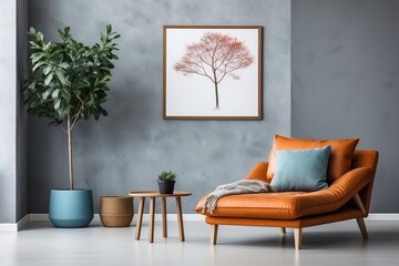 A mid-century modern living room with a tree art print